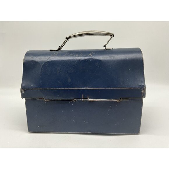 Vintage 1940's Era Dome Top Metal Lunch Box by American Thermos Bottle Co Blue. - Picture 10 of 16